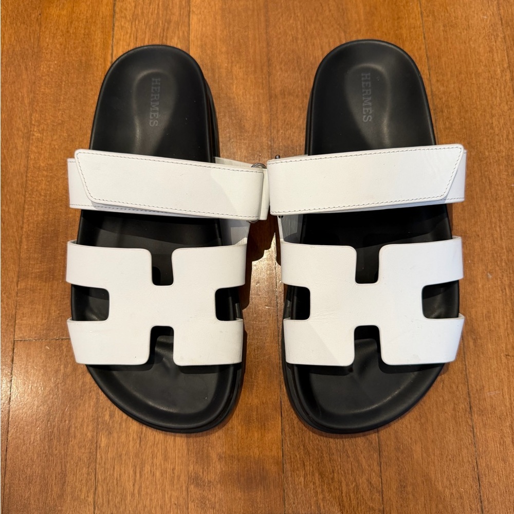 Hermes White and Black Leather H Sandals